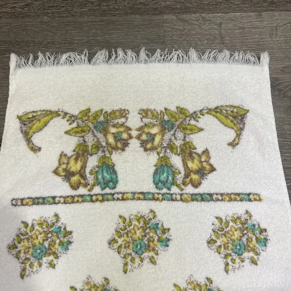 VTG Boho Yellow Blue White Floral Hand Towel 25” x 14.5” Leshner Fringe